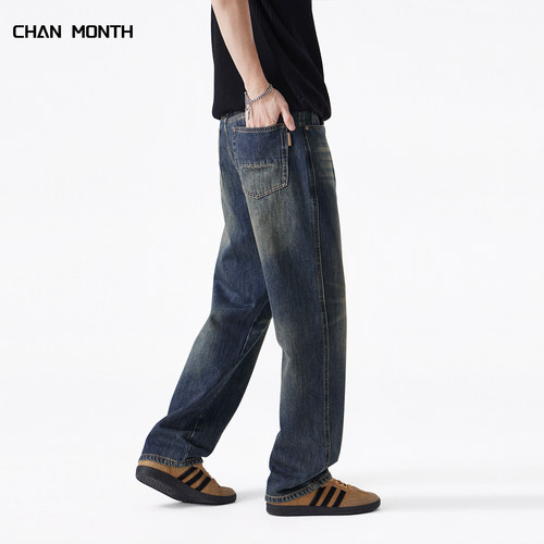 CHAN MONTH美式复古牛仔裤男潮牌百搭春季水洗阔腿高街直筒长裤子 - 图3