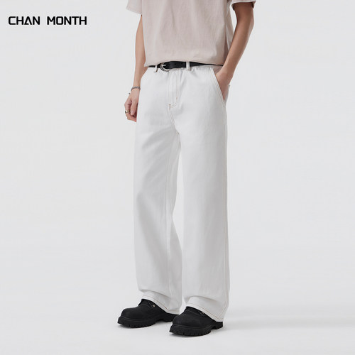 CHAN MONTH美式春秋白色牛仔裤男宽松休闲百搭阔腿高街直筒长裤子 - 图0