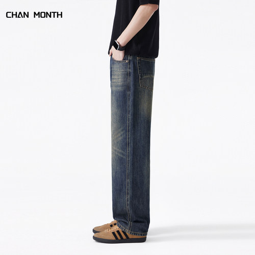 CHAN MONTH美式复古牛仔裤男潮牌百搭春季水洗阔腿高街直筒长裤子 - 图1