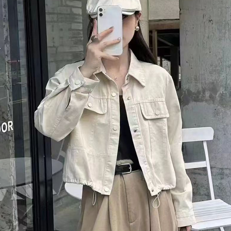 网红春季女装短款纯棉衬衫外套女春季新款韩版宽松百搭开衫夹克 - 图1