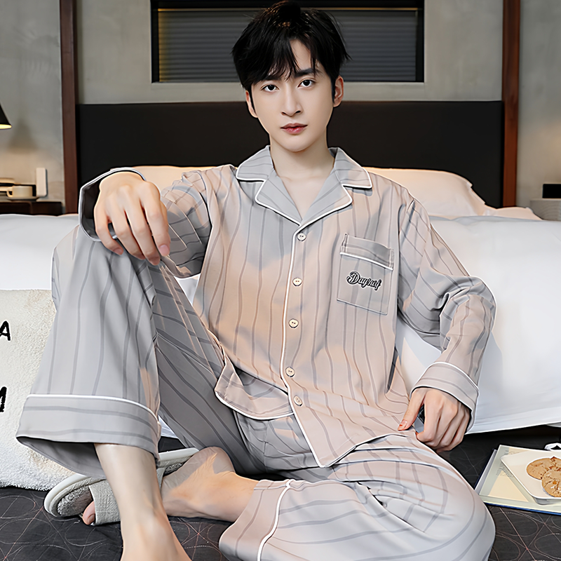 2025新款男士睡衣长袖中老年爸爸套装纯棉春秋季大码200斤家居服