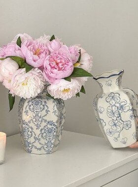 艺术新中式青花瓷陶瓷花摆件客厅插花水培级感轻奢摆件装饰