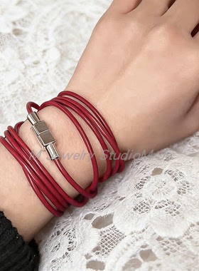 车厘子色皮绳手链女叠戴真皮手绳长款多圈缠绕新年红色本命显肤白
