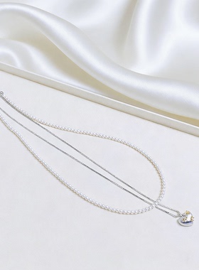 气质珍珠双层拉丝爱心蝴蝶结项链