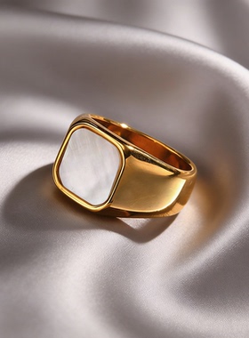 时尚几何方形贝母戒指金色女士