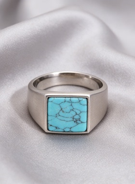 复古朋克绿松石钛钢宽牌链条戒指