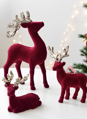 NUCHI圣诞节装饰麋鹿桌面摆件圣诞树装饰挂饰闪粉酒红植绒鹿挂件