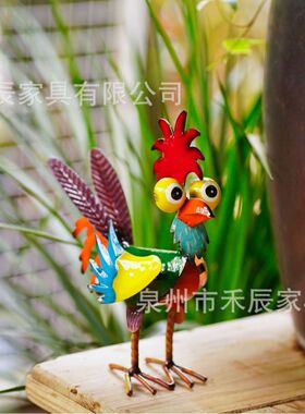 美式庭院室内桌面彩色立体小公鸡动物装饰园艺摆件创意铁艺工艺品