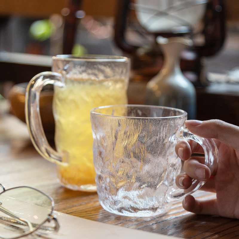 日式冰川纹带把手玻璃杯高颜值杯子家用水杯女咖啡杯早餐杯牛奶杯