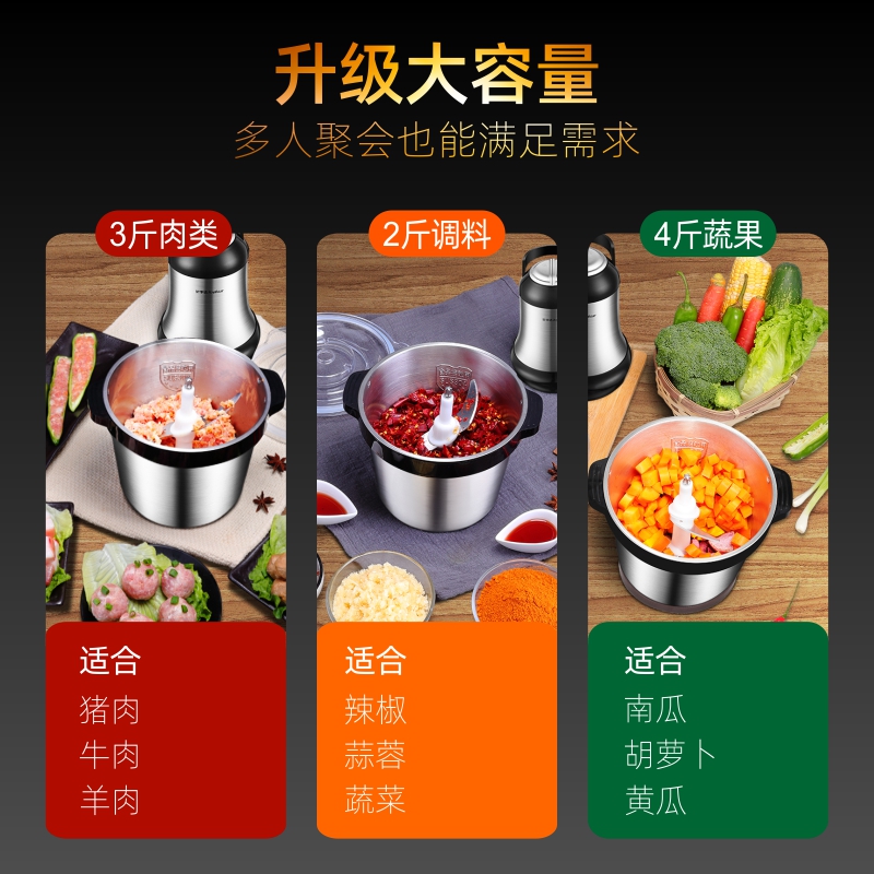 荣事达逸君撷专卖店荣事达绞肉机家用商用电动不锈钢小型3L大容量多功能搅碎菜馅辣椒0