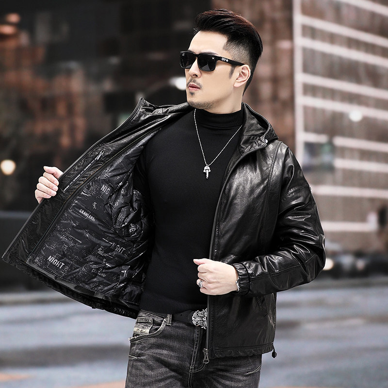可拆卸鹅绒内胆宽松阔版夹克真皮皮衣男短款连帽蝙蝠袖山羊皮外套,淘宝优惠券,粉丝福利购,淘宝优惠卷