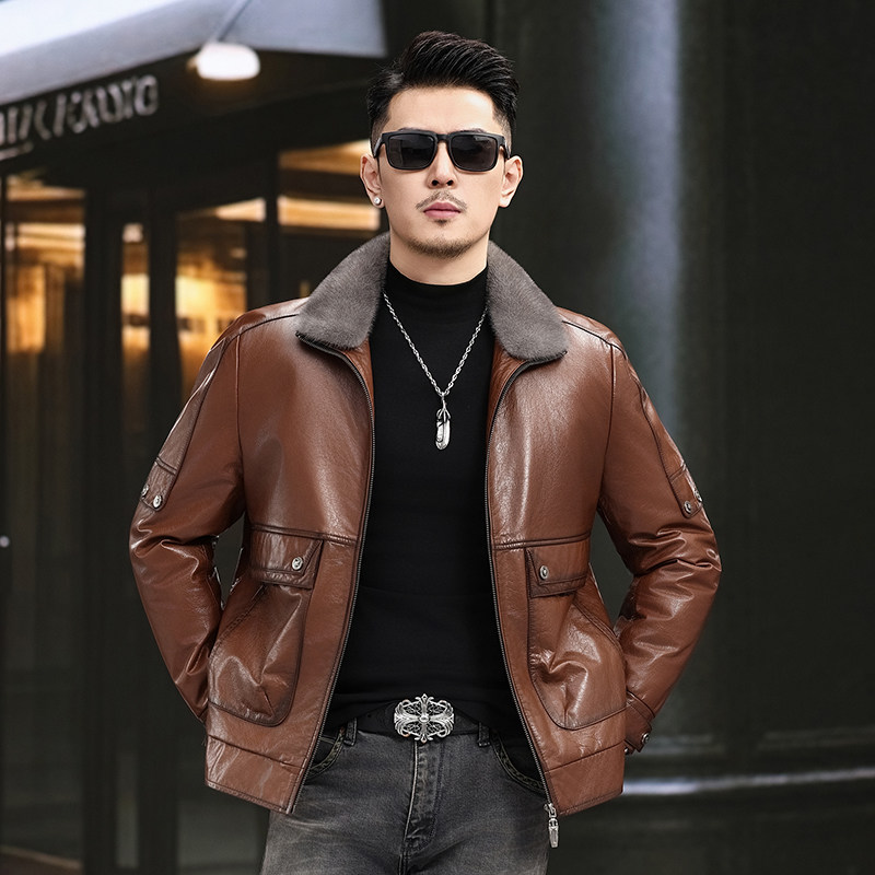 2025可拆卸羽绒内胆水貂毛领真皮皮衣男头层小牛皮外套短款皮夹克,淘宝优惠券,粉丝福利购,淘宝优惠卷