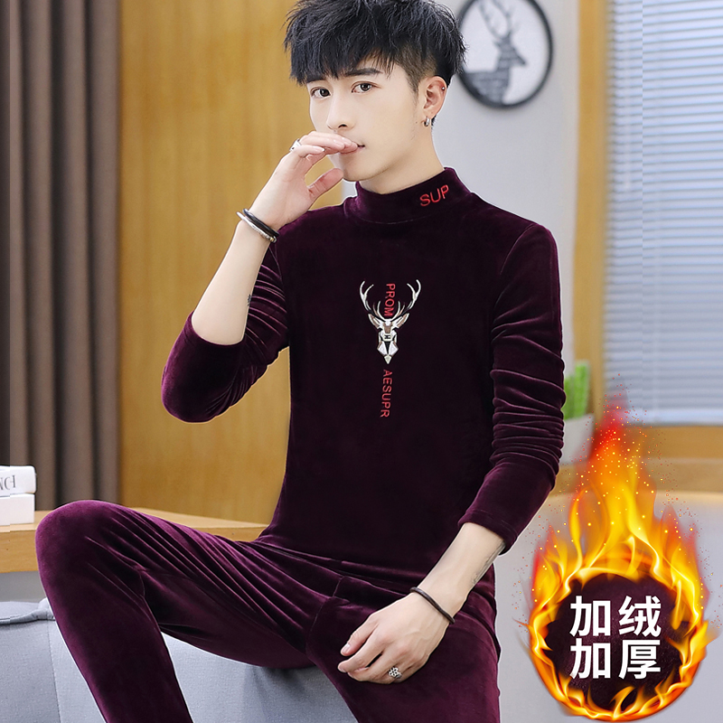 男士保暖内衣金丝绒套装加绒加厚中领打底衫冬季青年学生秋衣秋裤 - 图2