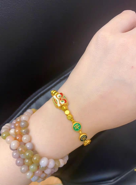 金店同款沙金珐琅彩平安喜乐五帝钱手链转运珠国风编织手绳