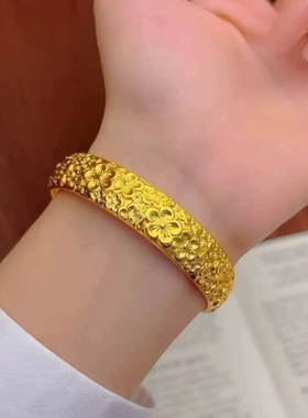 金店同款沙金古法篆刻满桃花手镯实心开口镯子送女朋友礼物