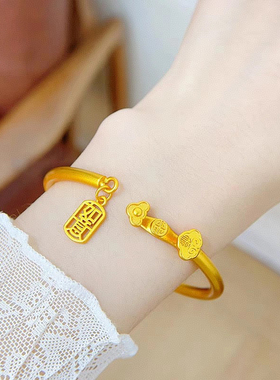 古法合金999镂空吉祥如意手镯实心素圈开口镯子复古时尚送女友礼