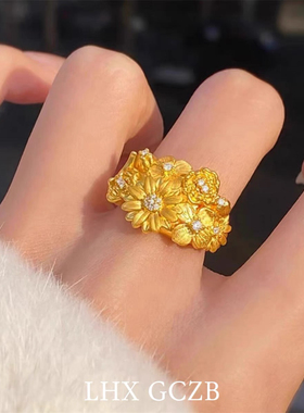 新中式古法沙金点钻繁花锦簇戒指小雏菊指环宫廷复古送女朋友礼物