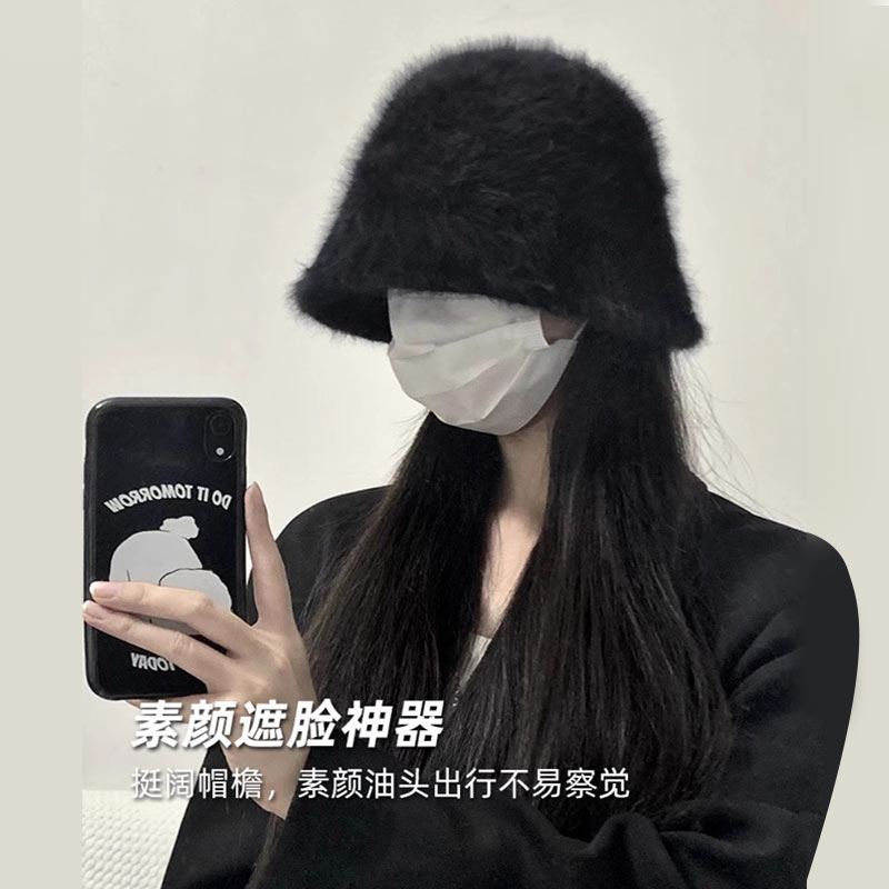 渔夫帽兔绒水桶帽女秋冬日系百搭时尚新款显脸小遮脸护耳保暖盆帽