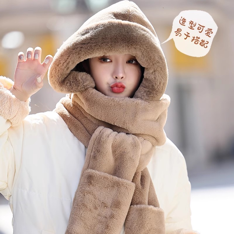 纯色毛绒帽子围巾手套一体女无耳朵秋冬加厚保暖防寒护耳帽三合一