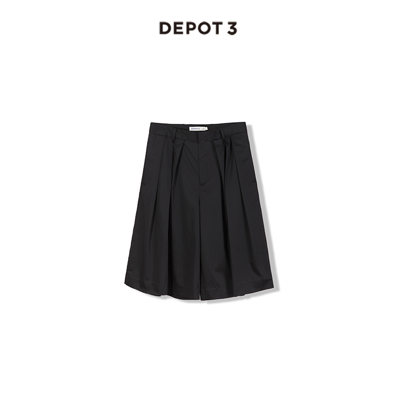 DEPOT3 男装短款 进口轻量混纺打褶宽松休闲潮流阔身黑色西装短裤