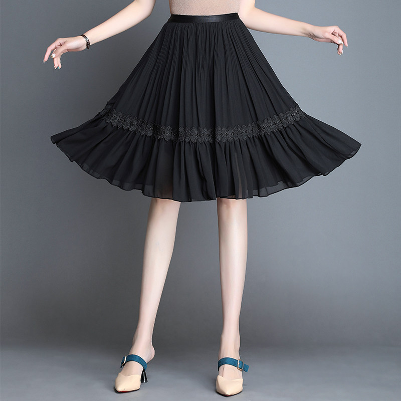 雪纺女夏中长款高腰遮胯黑色半身裙 诠慕半身裙