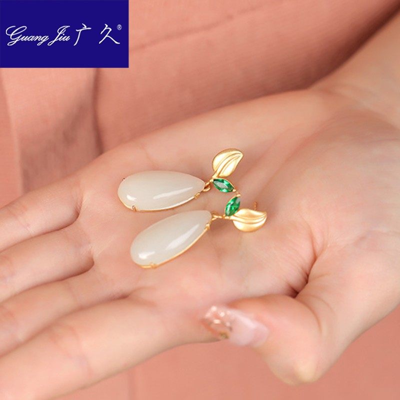 广久s925镀金水滴形一叶子银耳环 广久耳钉