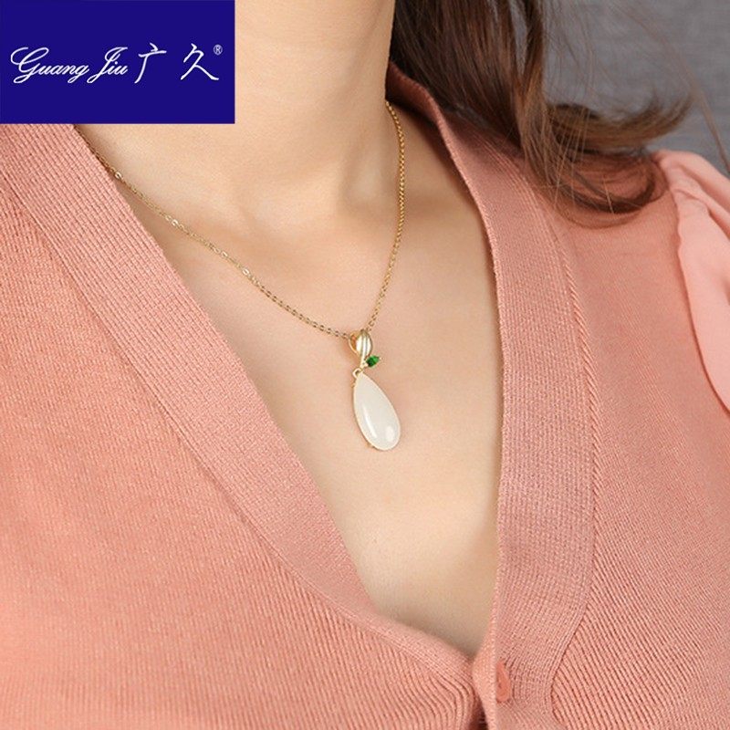 广久s925银项链镀金一叶子女士白玉 广久项链