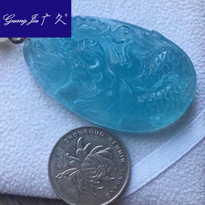 广久冰种天然海蓝宝龙牌水头足吊坠 广久项坠/吊坠