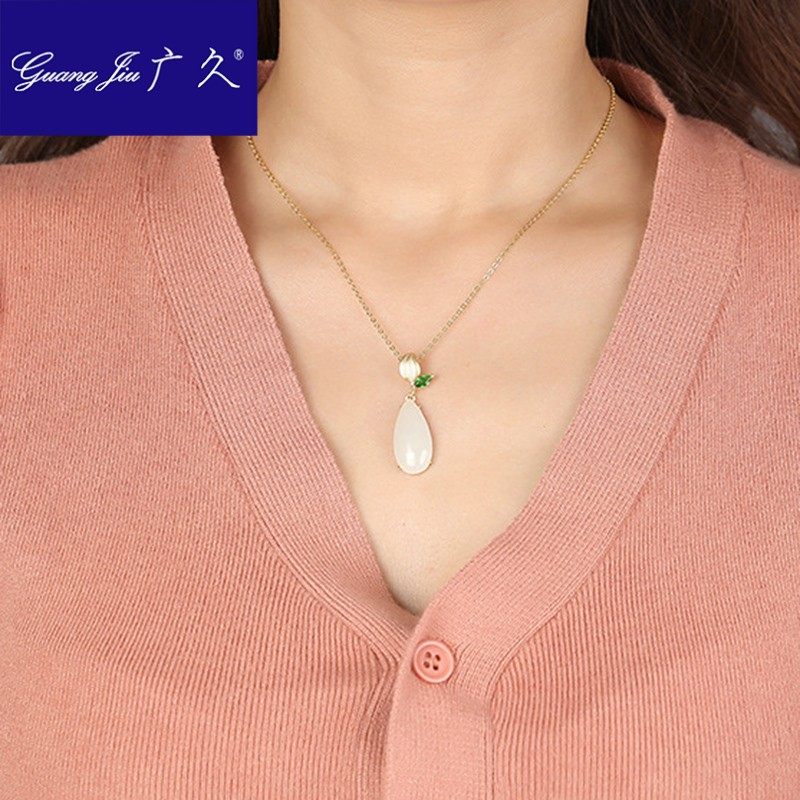 广久s925银项链镀金一叶子女士白玉 广久项链