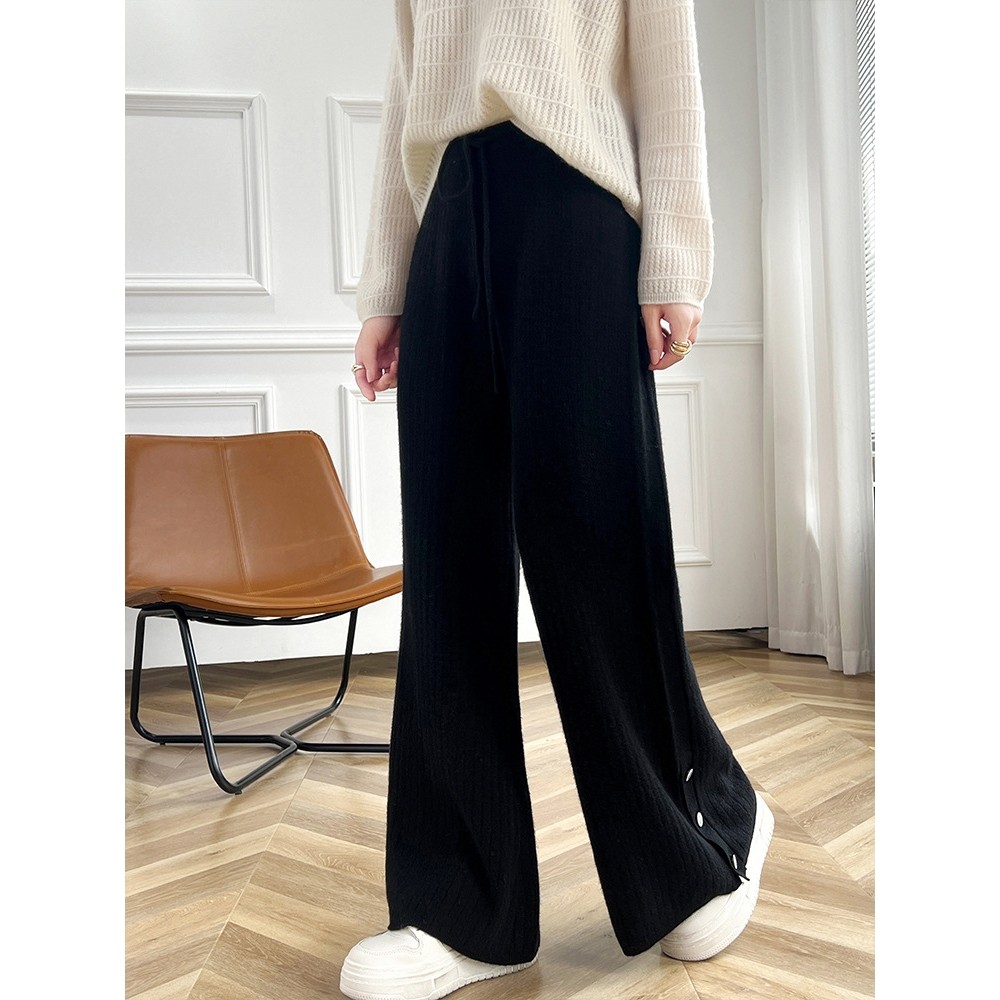 香港潮牌25秋冬100纯羊毛阔腿裤女垂感针织直筒宽松外穿侧开叉拖,淘宝优惠券,粉丝福利购,淘宝优惠卷