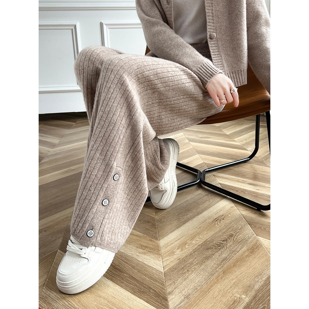 香港潮牌25秋冬100纯羊毛阔腿裤女垂感针织直筒宽松外穿侧开叉拖,淘宝优惠券,粉丝福利购,淘宝优惠卷