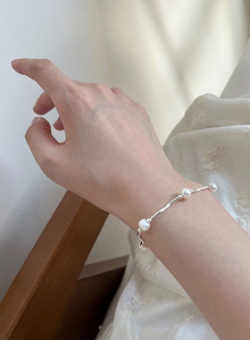 珍珠弯管手链女925纯银简约手工波浪小巧学生闺蜜银首饰小众设计