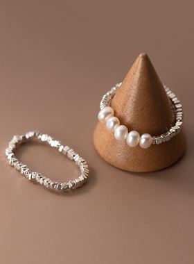 S925银韩版光面碎银天然珍珠戒指简约气质个性手饰品女气质小众银