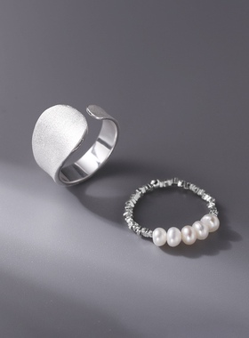 碎银子珍珠戒指s925通体纯银组合叠戴指环叠戴简约百搭拉丝戒女