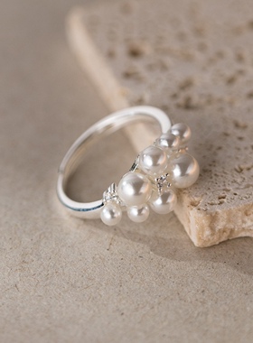 S925纯银镶钻合成珍珠戒指ins风设计感气质手饰品女小众设计轻奢