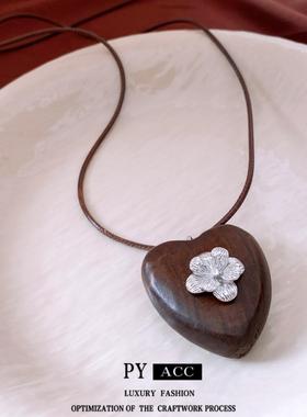 皮革木头爱心可调节吊坠项链民族风简约百搭毛衣链时尚气质项饰女