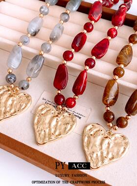 亚克力不规则串珠爱心吊坠项链中古vintage毛衣链复古百搭项饰女