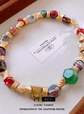 中古vintage花朵几何陶瓷项链新品复古夸张锁骨链高级感饰品