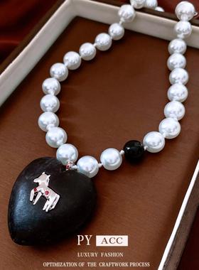 木头珍珠串珠小马吊坠项链中古vintage毛衣链本命年简约百搭项饰