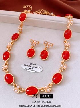 中古vintage蝴蝶结珍珠耳环项链复古设计宫廷风高级感首饰套装女