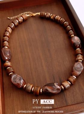 民族风亚克力圆形串珠吊坠项链复古时尚气质锁骨链设计感小众项饰