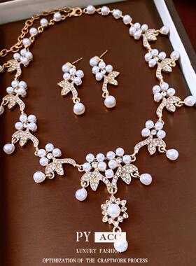 镶钻珍珠花朵吊坠耳环项链中古vintage毛衣链轻奢百搭首饰套装女