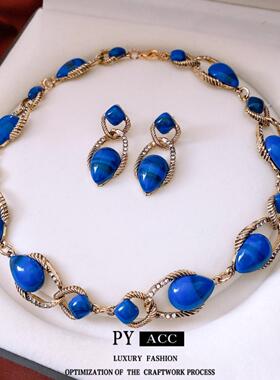 中古vintage树脂水滴形耳环项链复古宫廷风锁骨链个性百搭项饰女