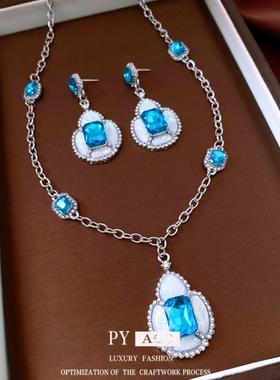 中古vintage镶钻方形吊坠耳环项链复古高级感毛衣链精致首饰套装