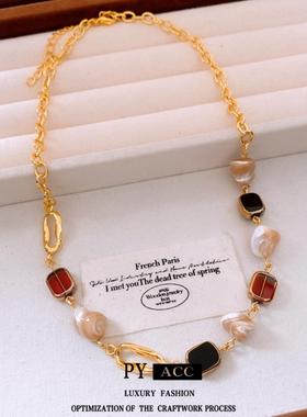 美拉德风玻璃椭圆吊坠项链复古简约百搭毛衣链设计感小众项饰