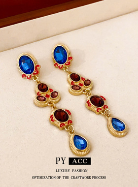 中古vintage银针镶钻水滴流苏耳环宫廷风个性夸张耳钉气质耳饰女