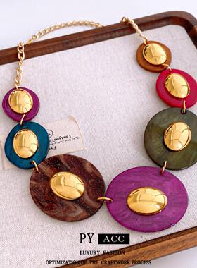 中古vintage椭圆形彩色项链时尚复古设计毛衣链秋冬气质轻奢项饰