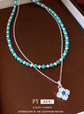 中古vintage锆石花朵叠戴吊坠项链轻奢小众高级毛衣链民族风项饰