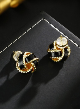 法式复古黑色珐琅同心结耳钉轻奢高级感小众设计百搭耳环耳饰