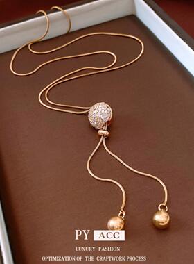 中古vintage真金电镀圆形抽拉式流苏项链轻奢小众毛衣链高级项饰